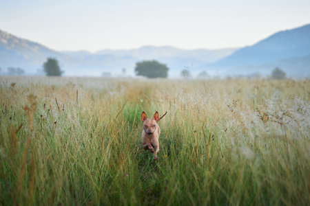 Hairless dog peeking through grass in the morning mistの写真素材