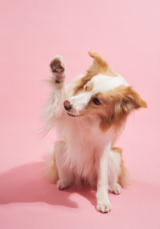 Bordercollie raises paw on pinkの写真素材