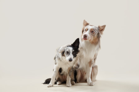 Two border collies sitting together on beige backgroundの写真素材
