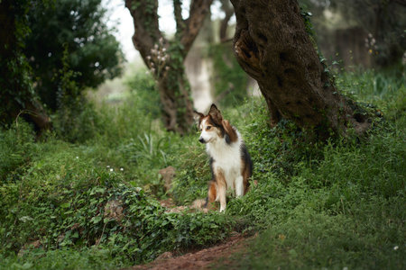 sheltie standing alone in forest pathの写真素材