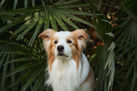 Border Collie alert behind palm leavesの写真素材