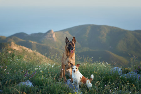 Two dogs enjoying mountain view