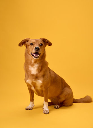 Side facing dog with warm expression yellow backdrop