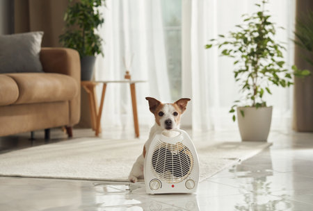 Dog watching over heaterの写真素材