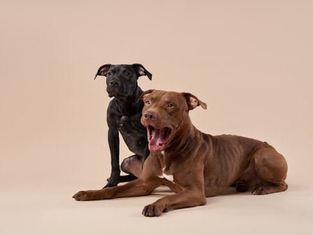 Two dogs sitting on beige background