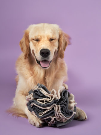 Golden Retriever chewing toy with content expression on purple backgroundの写真素材