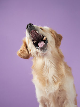 Golden Retriever catching treat with excitement on purple backgroundの写真素材