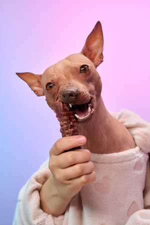 Terrier in robe holding a treat confidentlyの写真素材