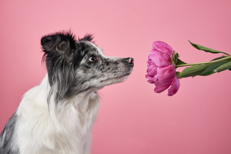 Border Collie sniffing flower being offeredの写真素材