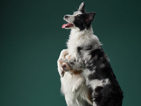 Border collie standing on hind legs with excited expression