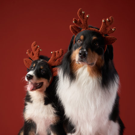 Australian Shepherds Wearing Festive Antlersの写真素材