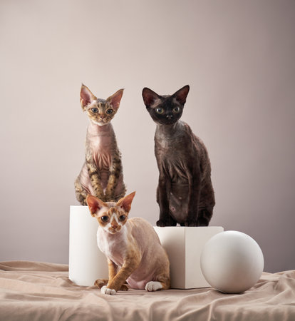 Two Cornish Rex Cats Sitting with Modern Propsの写真素材