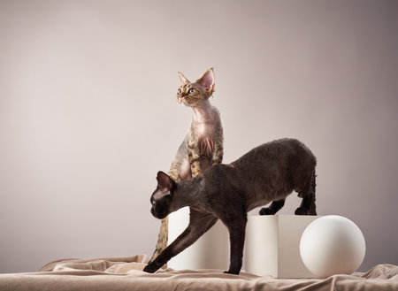 Cornish Rex Cats Interacting with Props