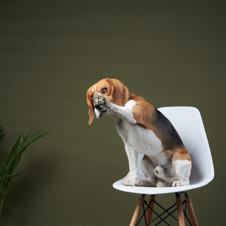 Beagle Sitting on White Chair and Looking Sidewaysの写真素材