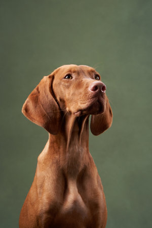 Viszla dog portrait with a green backgroundの写真素材