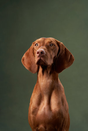 Viszla dog portrait with green backgroundの写真素材