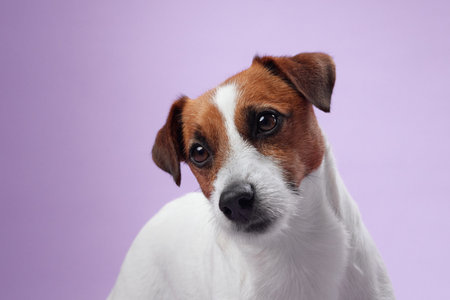 Jack Russell Terrier head tilt with purple backgroundの写真素材