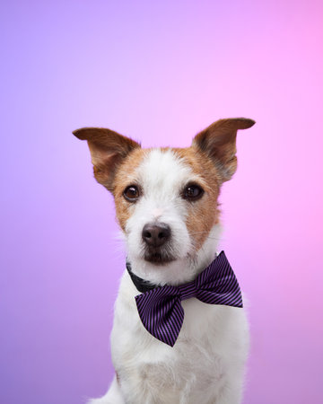 Dog wearing purple bow tie calmly posingの写真素材