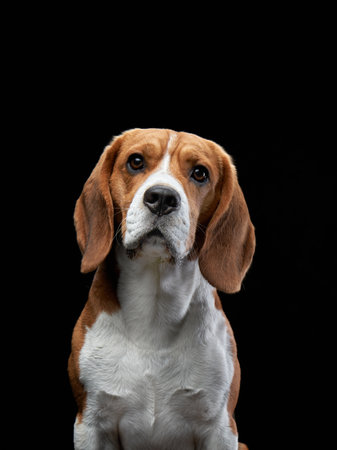 Beagle Looking Serious Against Black Backgroundの写真素材