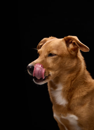 Brown dog licking nose in studioの写真素材
