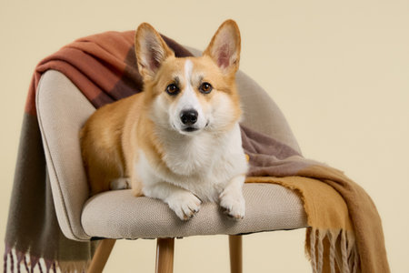 corgi on beige chairの写真素材