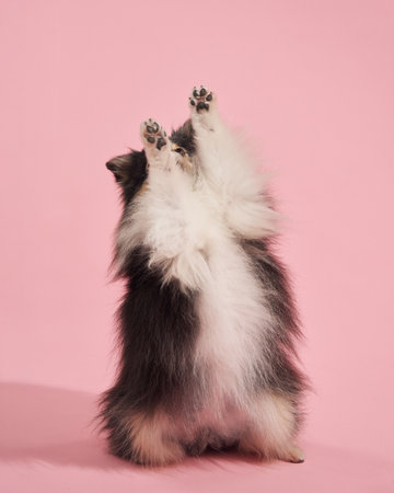 Sheltie on pink background raising pawの写真素材