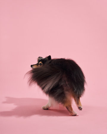 Sheltie turning on pink backgroundの写真素材