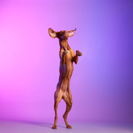 Viszla dog standing on hind legs with a purple backgroundの写真素材