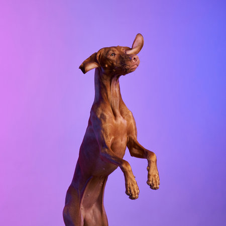 Viszla dog jumping against a blue-purple backgroundの写真素材