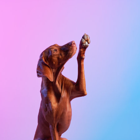 Viszla dog raising a paw against blue-pink gradient backgroundの写真素材