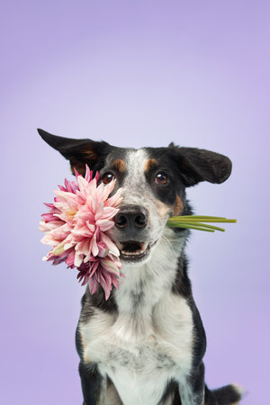 Dog Holding a Flower in Its Mouthの写真素材
