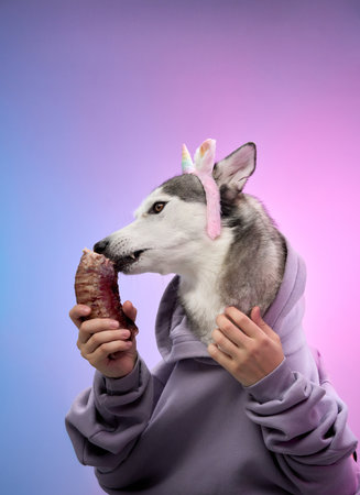 Husky chewing bone in hoodie with playful poseの写真素材