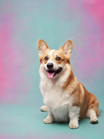 Corgi with balloons on pastel backgroundの写真素材
