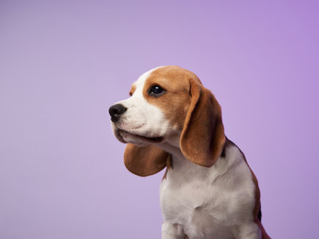 Beagle looking to the side on pastel backgroundの写真素材