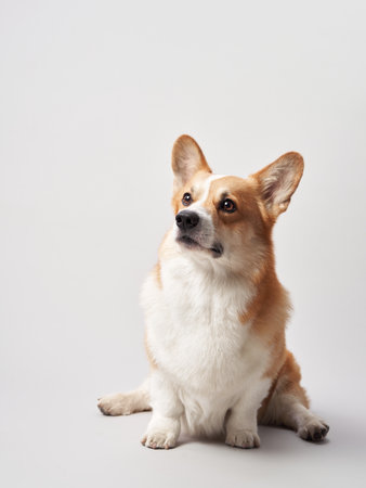 Corgi sitting in studioの写真素材