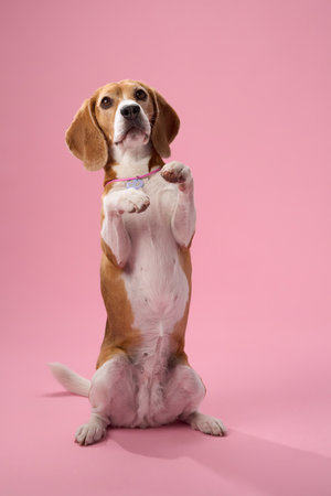 Beagle posing on pink background in upright positionの写真素材