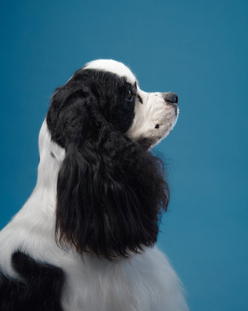 American Cocker Spaniel portrait on blue backgroundの写真素材