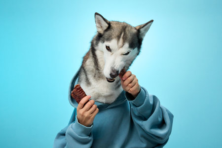Husky in hoodie focusing on a treat