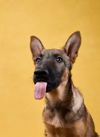Wolfdog Puppy Sticking Out Tongue on Yellow Background