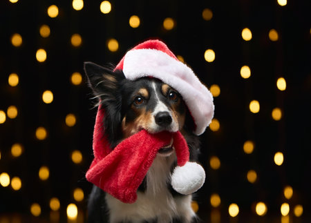 Dog with Santa hat and glowing lightsの写真素材
