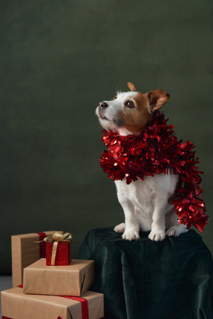 Terrier in garland with stacked presents on dark background