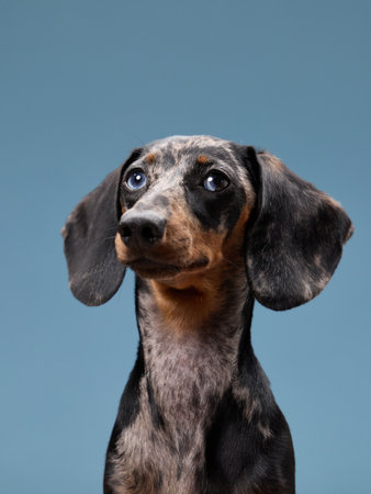 Dachshund profile with round eyes and blue lightの写真素材