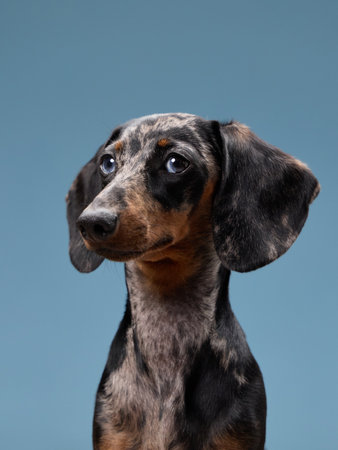 Dachshund head turned upward indoorsの写真素材