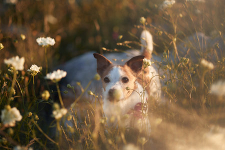 Jack Russell running through dry grass in sunshineの写真素材