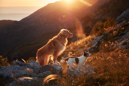 Dogs hiking mountain trail during glowing sunset