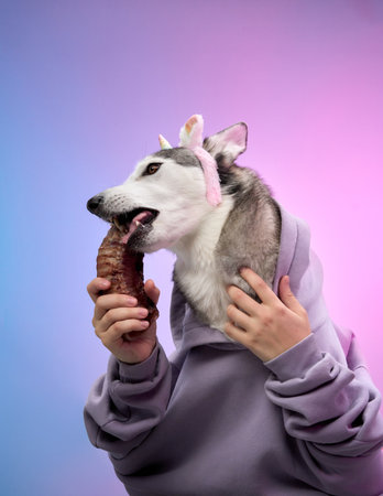 Husky biting bone in hoodie with lively expressionの写真素材