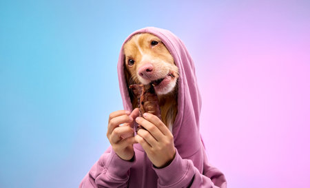 Retriever in pink hoodie with playful gestureの写真素材