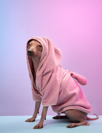 Small dog wrapped in pink towel posingの写真素材