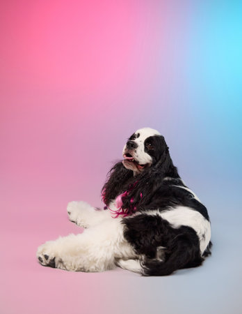 Cocker Spaniel lounging on colorful backgroundの写真素材