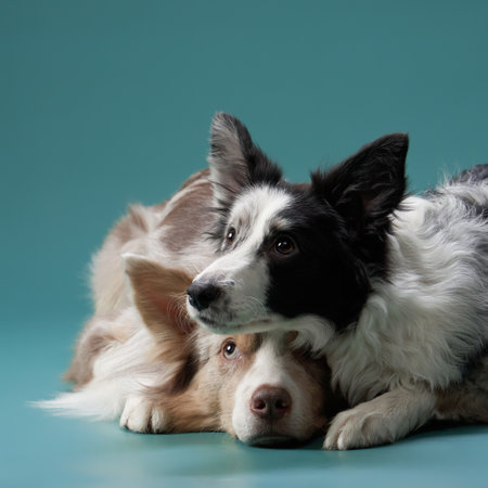 Two border collies lying togetherの写真素材